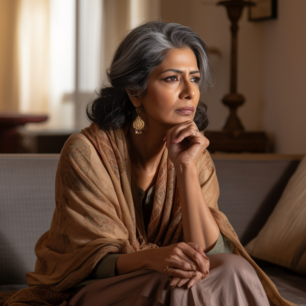 Depressed Indian woman thinking in living room