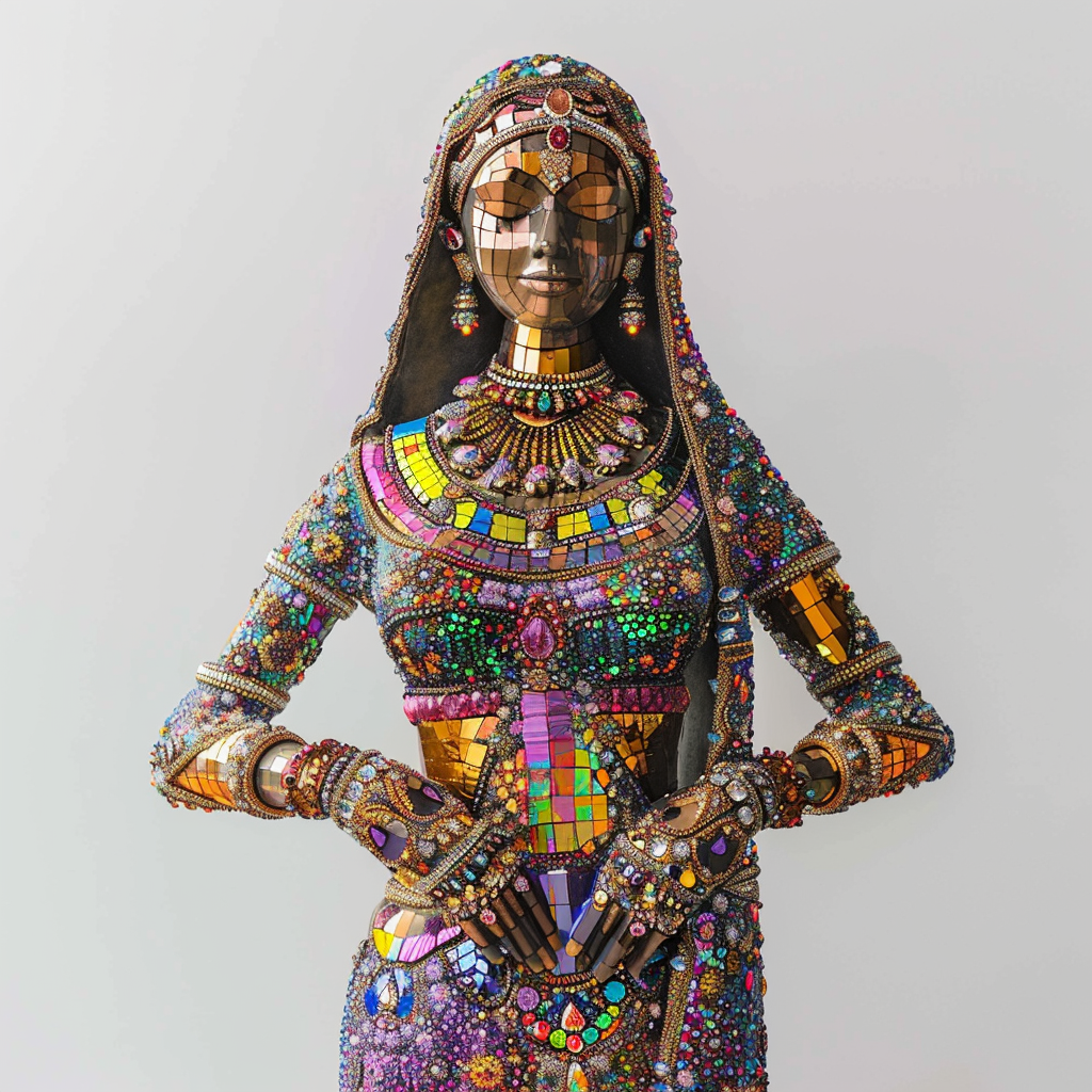 Indian woman covered in colorful gemstones