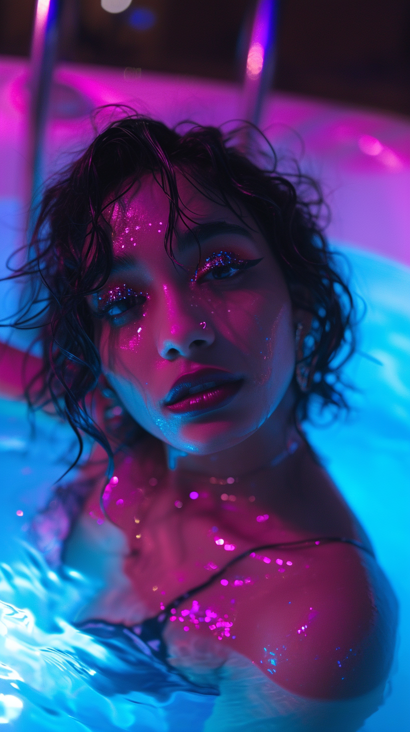 Indian Woman in Jacuzzi with Neon Lighting