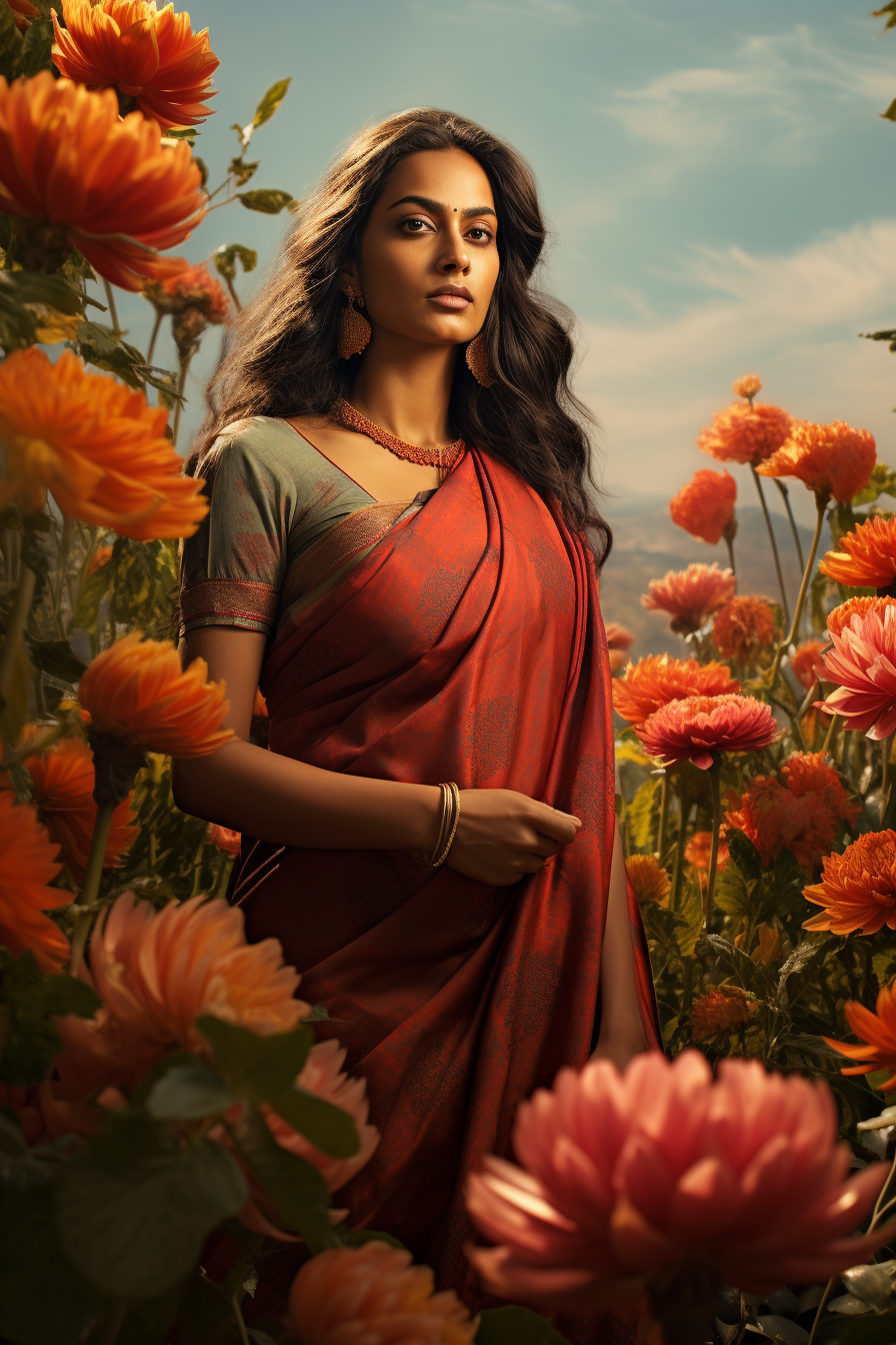 Indian woman in saree surrounded by flowers