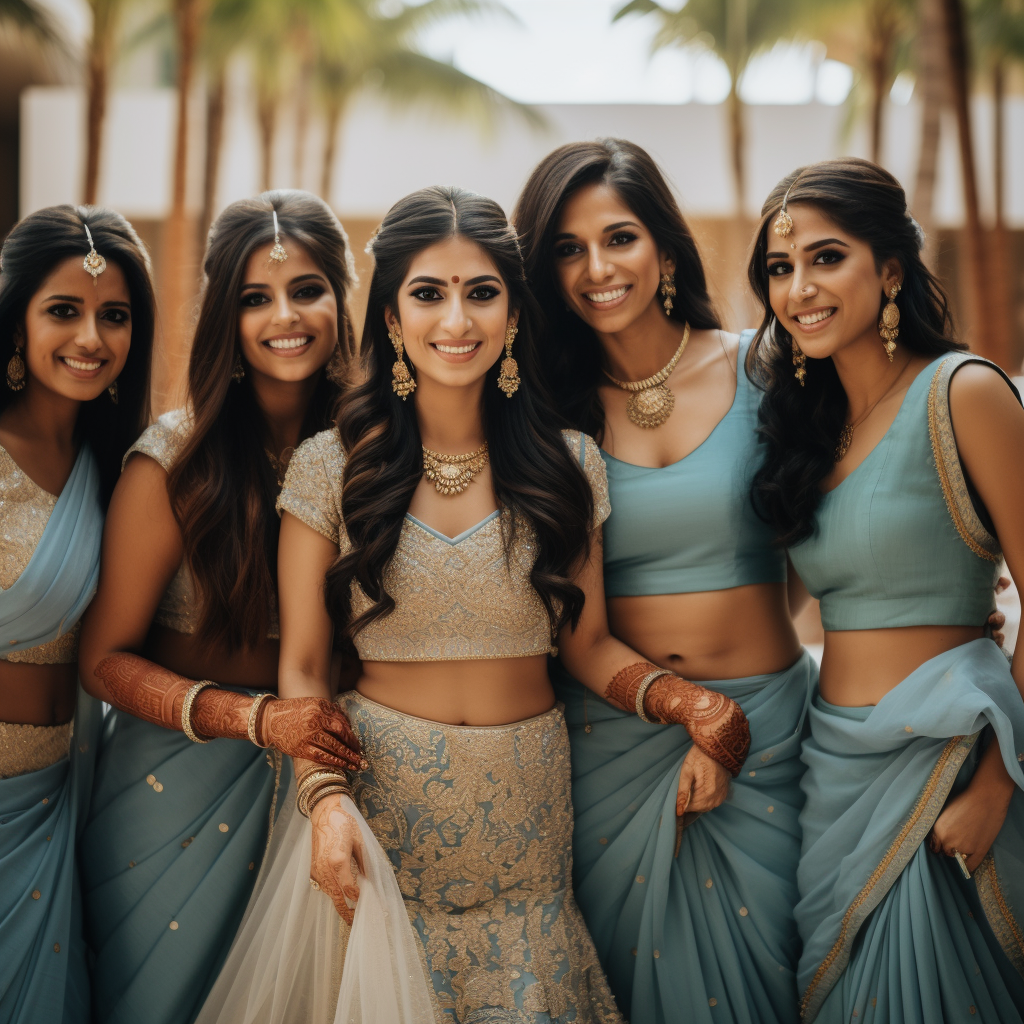 Group of Real Indian Bridesmaids in Blue Saris