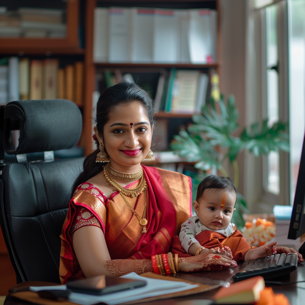 Indian working mother with baby office