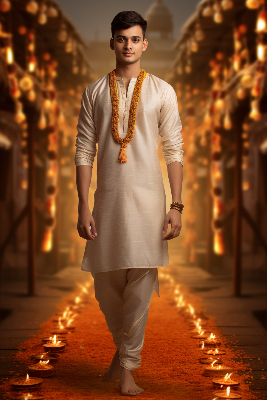 Happy Indian man in traditional kurta on Dussehra