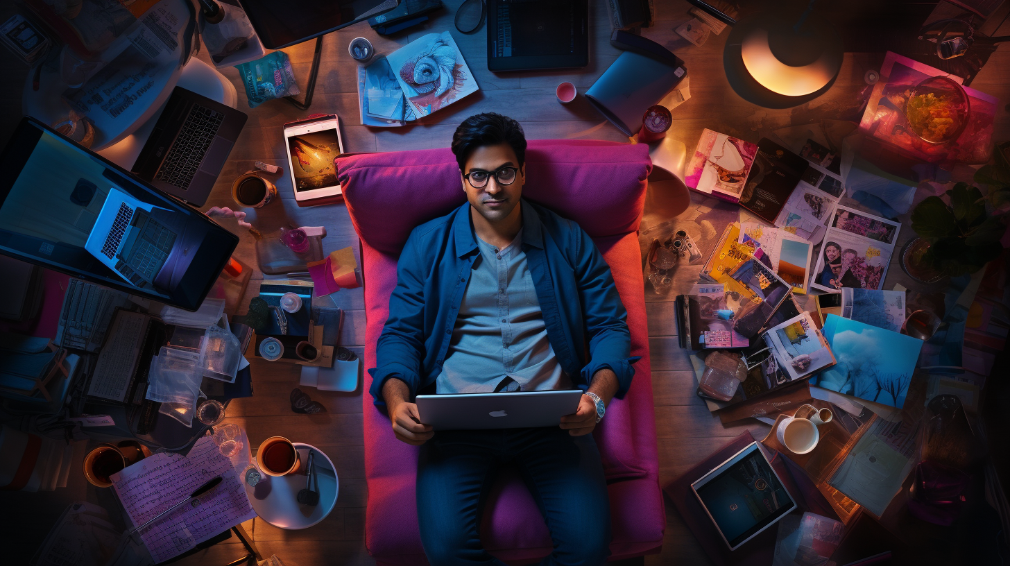 Busy focused Indian-American man on couch at night