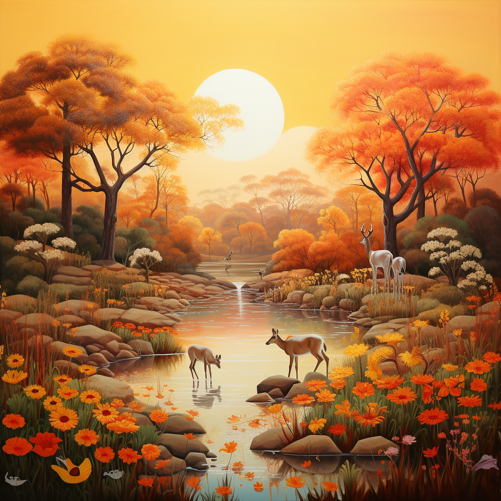 Vibrant Indian floral landscape and wildlife painting