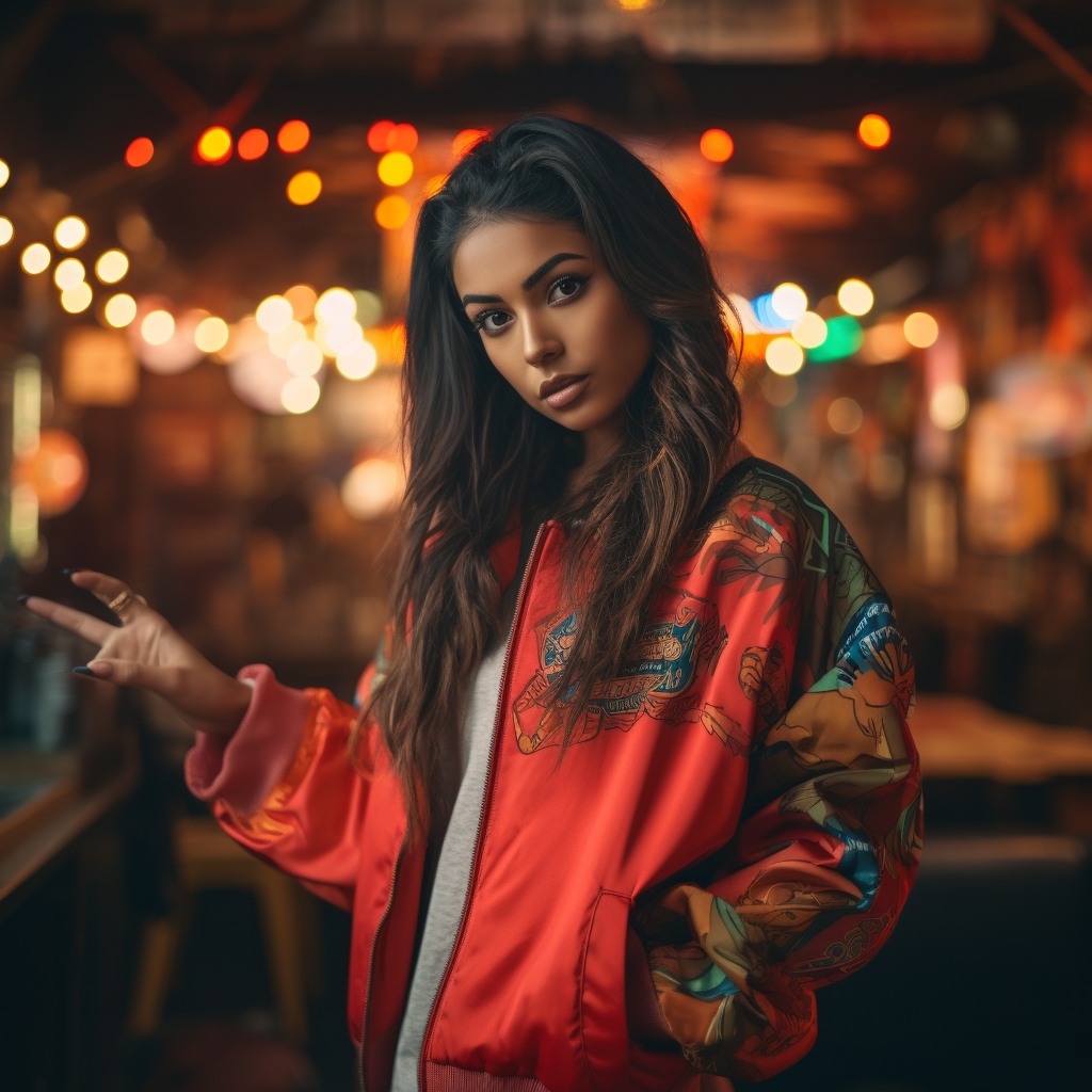 Indian girl in bomber jacket pointing forward.