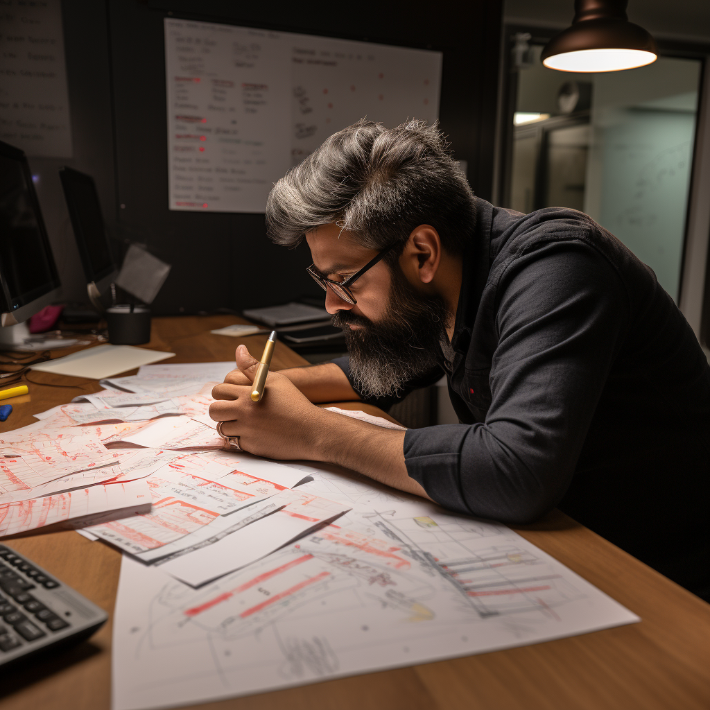 Indian user experience designer creating wireframes on paper