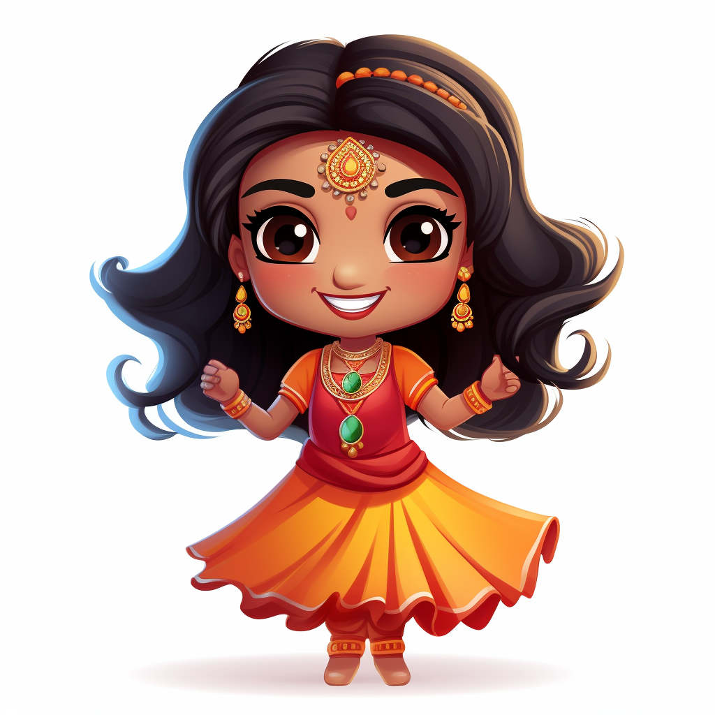 Indian woman in colorful Chibi style, happy and cute