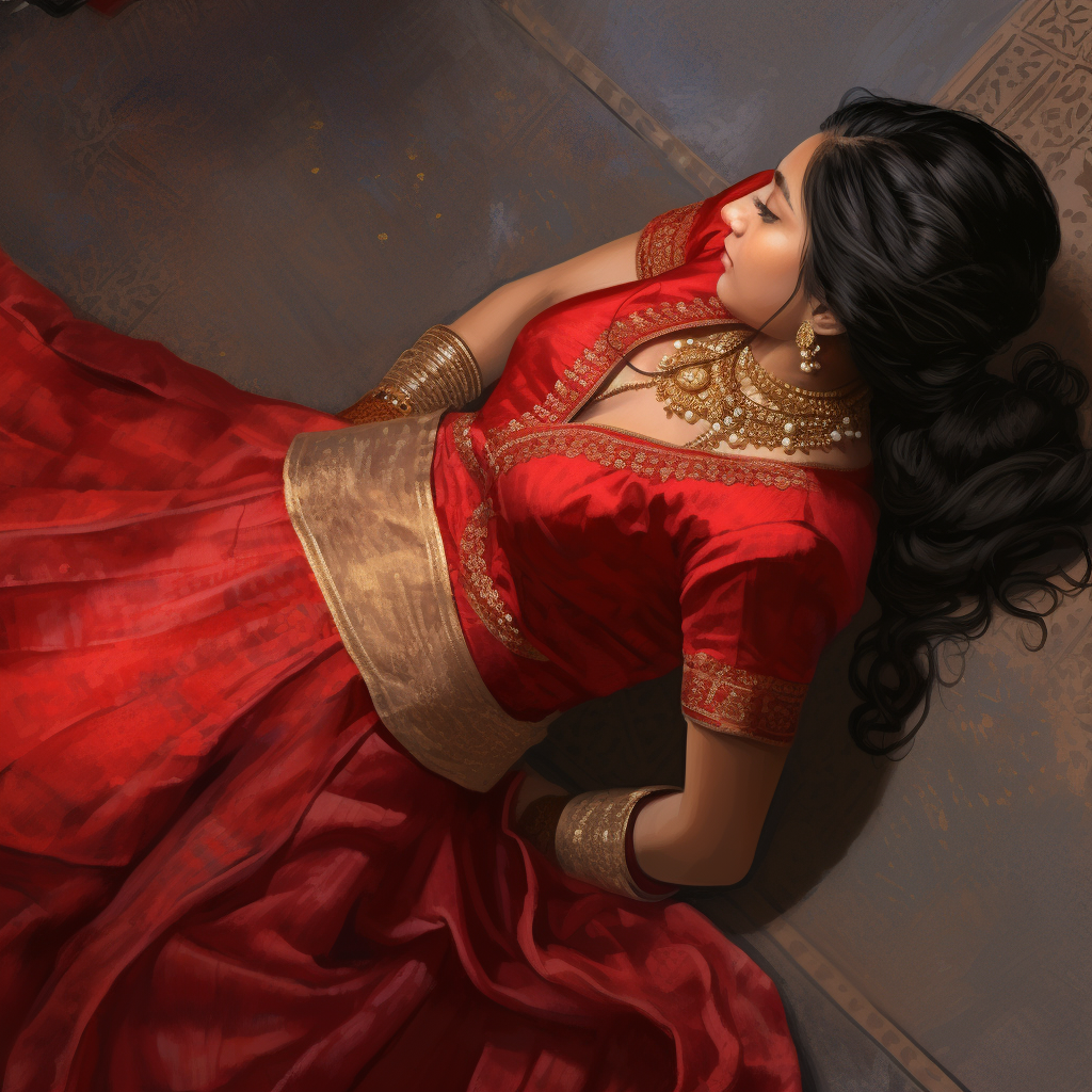 Unconscious Indian woman in red lahenga lying on floor