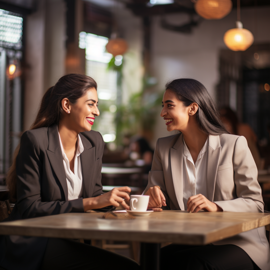 Indian women talking in office cafe