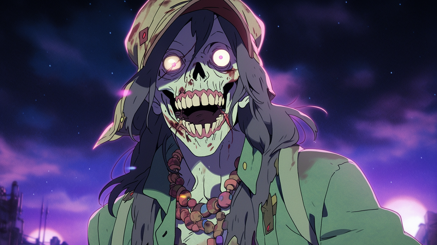 Zombie character with evil grin at night