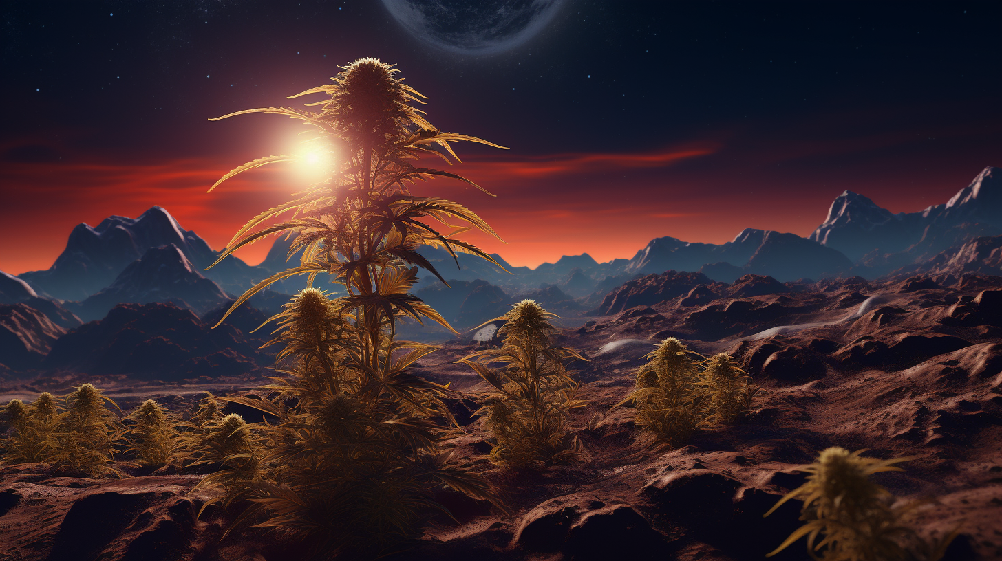 Photo-realistic indica cannabis plant on neon orange planet