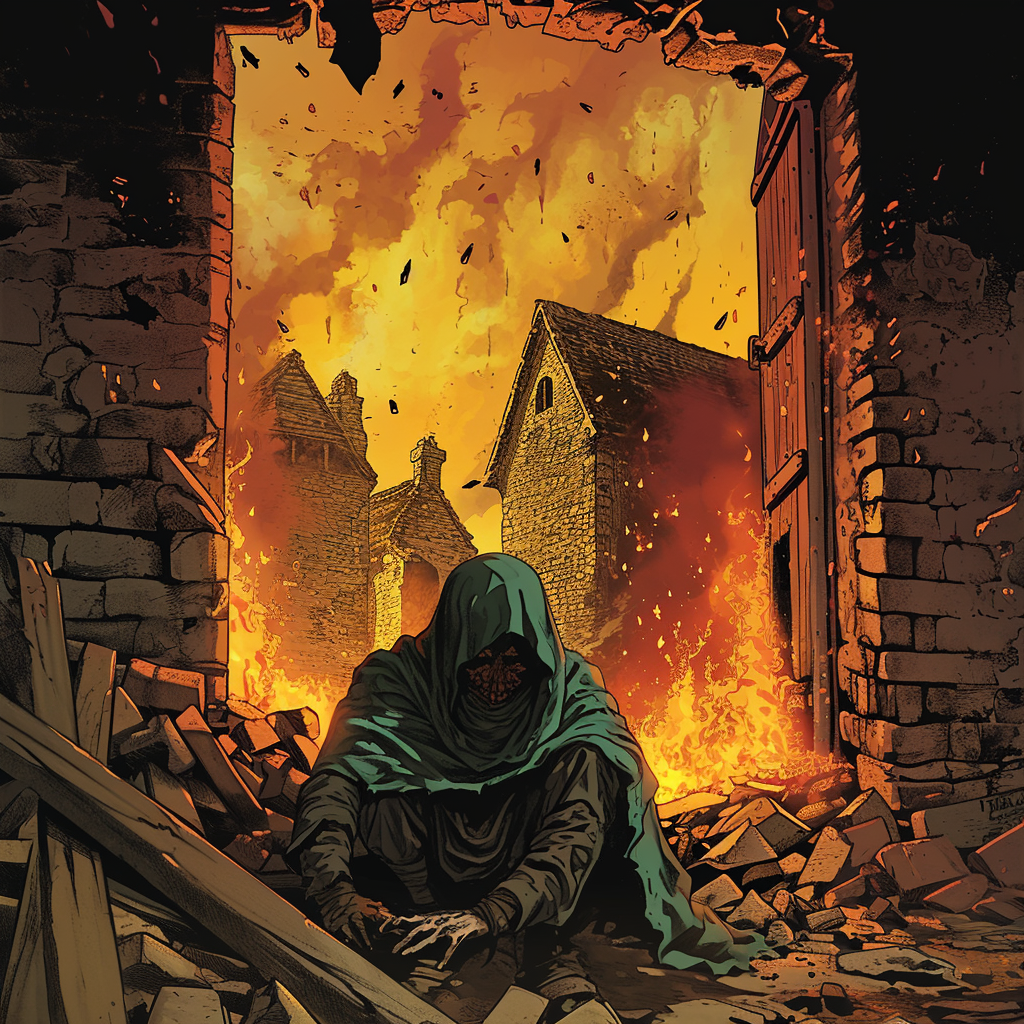 Hooded Survivor in Medieval Village Flames