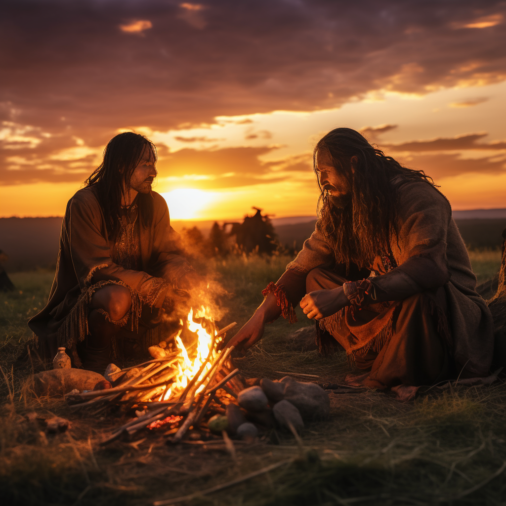 Indigenous Native Americans sharing food around fire at sunset