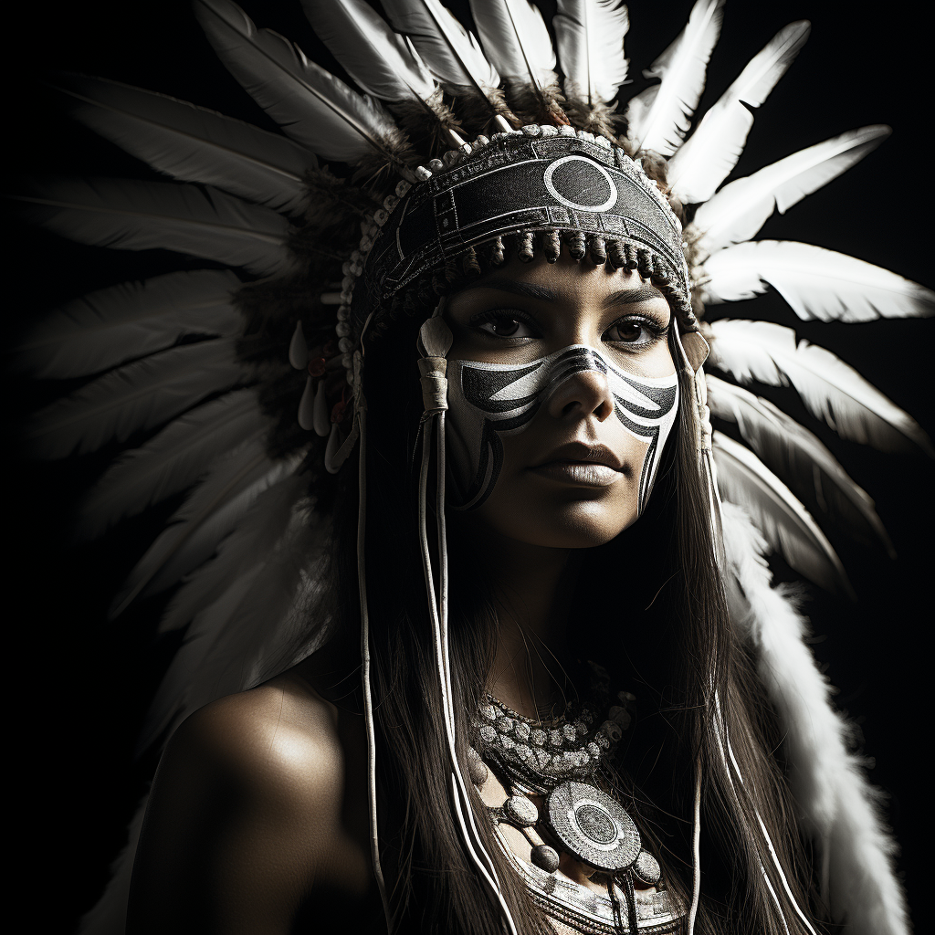 High-Contrast Indigenous Woman with Two Feathers