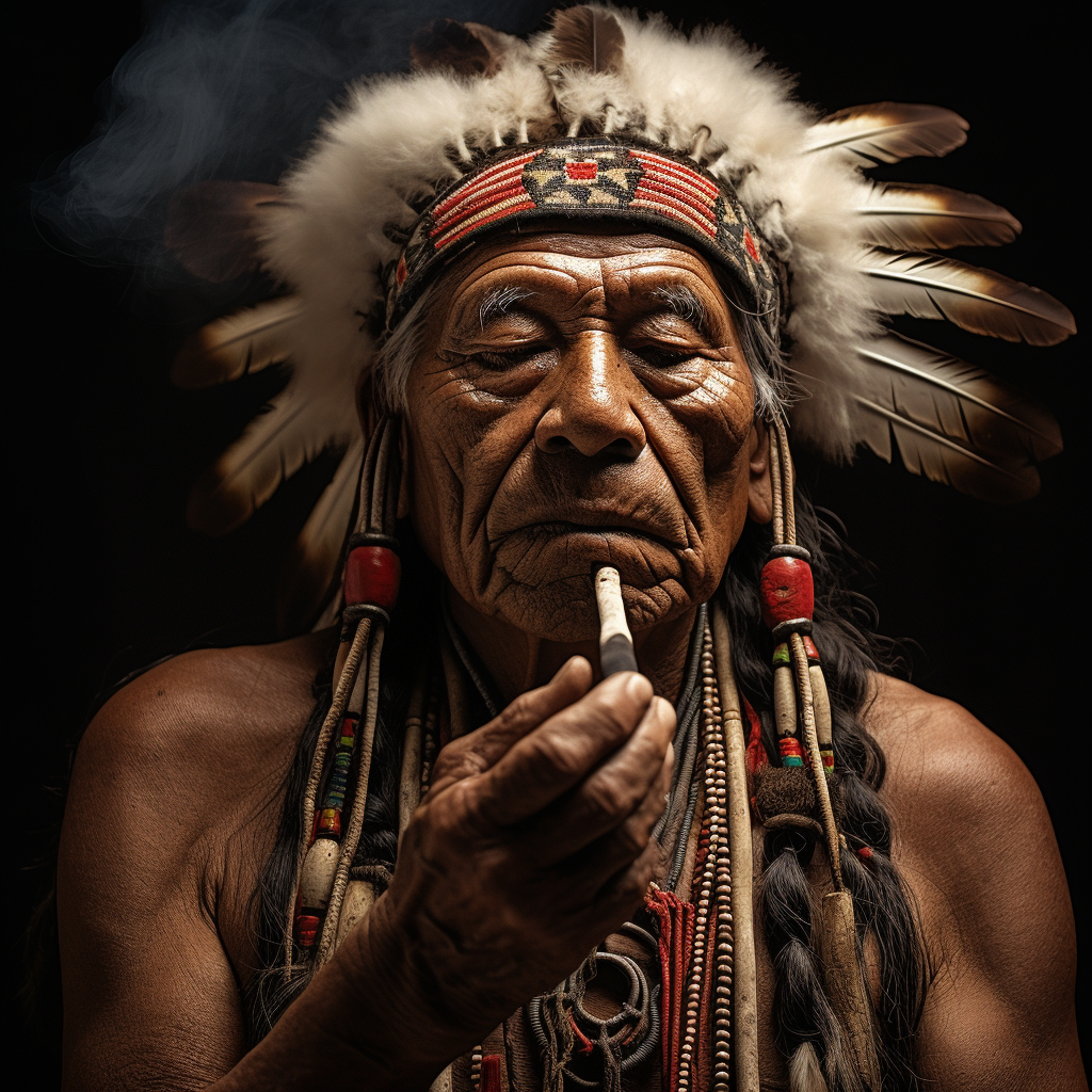 Indigenous man saluting sacred pipe