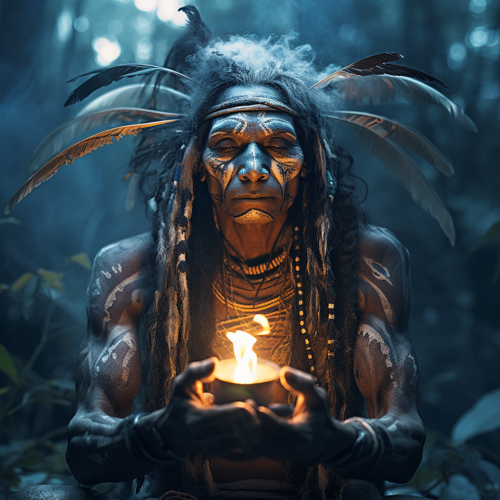 Arawak shaman burning sage in mystic jungle