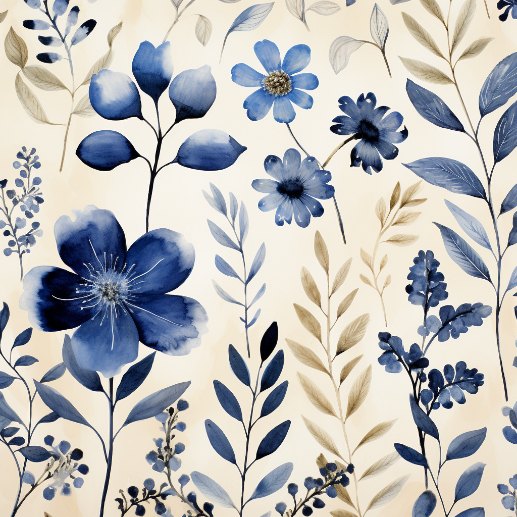 Indigo botanicals on messy cream background