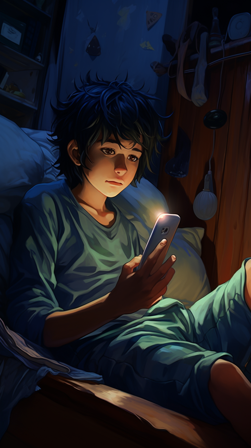 Indonesian boy texting on bed with blue case