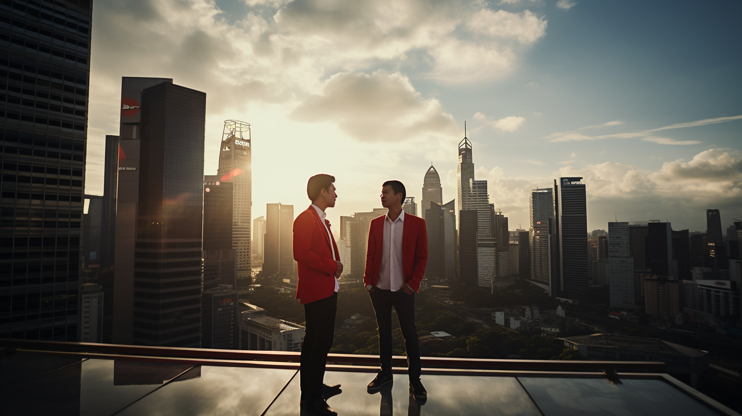 Two Young Indonesian Businessmen Posing on Rooftop