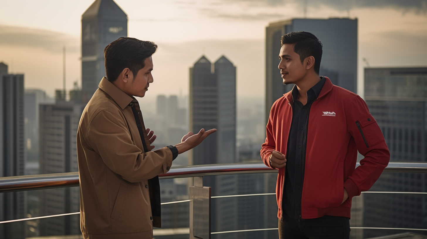 Two young Indonesian businessmen talking on a rooftop at sunset