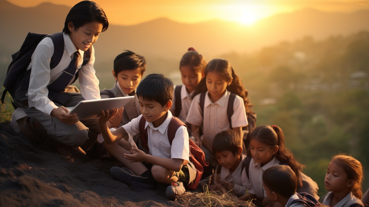 Group of Indonesian elementary school kids with young teacher using a tablet on a hill at sunset