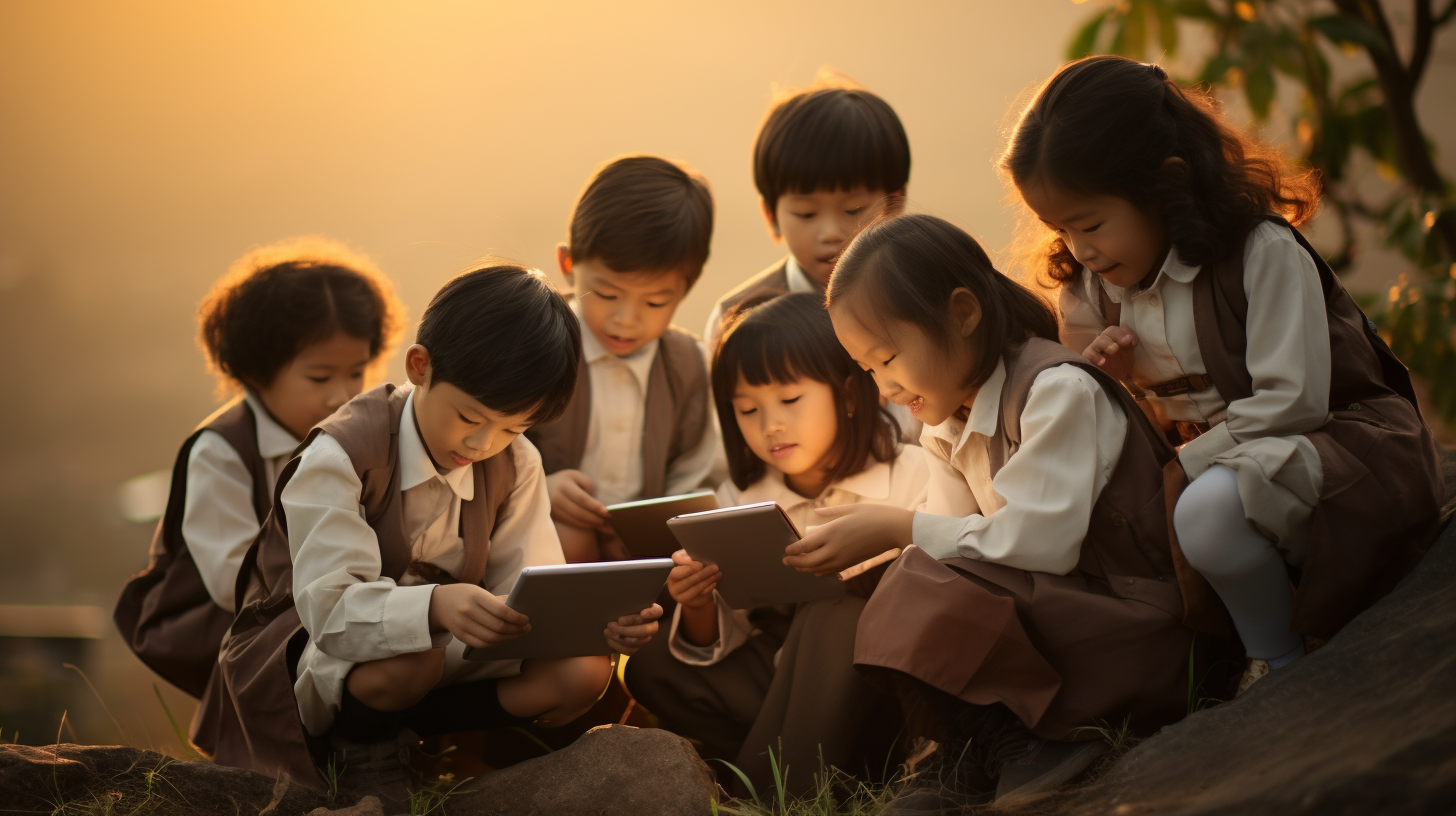 Indonesian Elementary School Kids with Teacher and Tablet