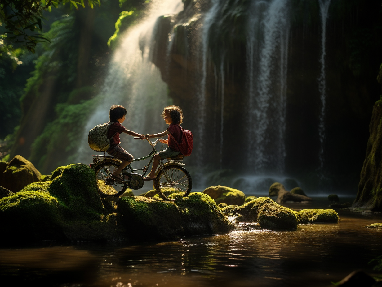 Two Kids Riding Bicycle in Indonesian Rainforest