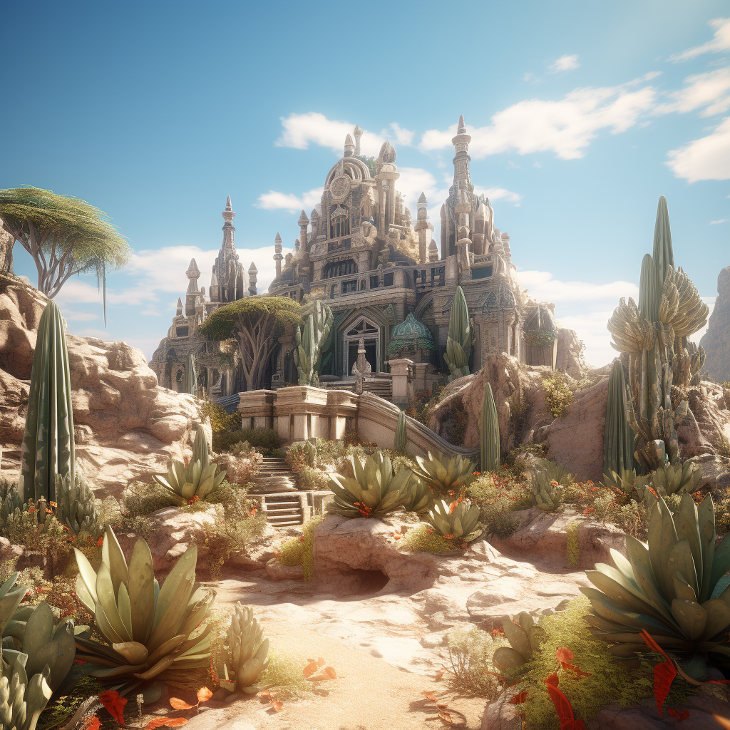 Realistic Indonesian Hindu Temple in Desert with Cacti