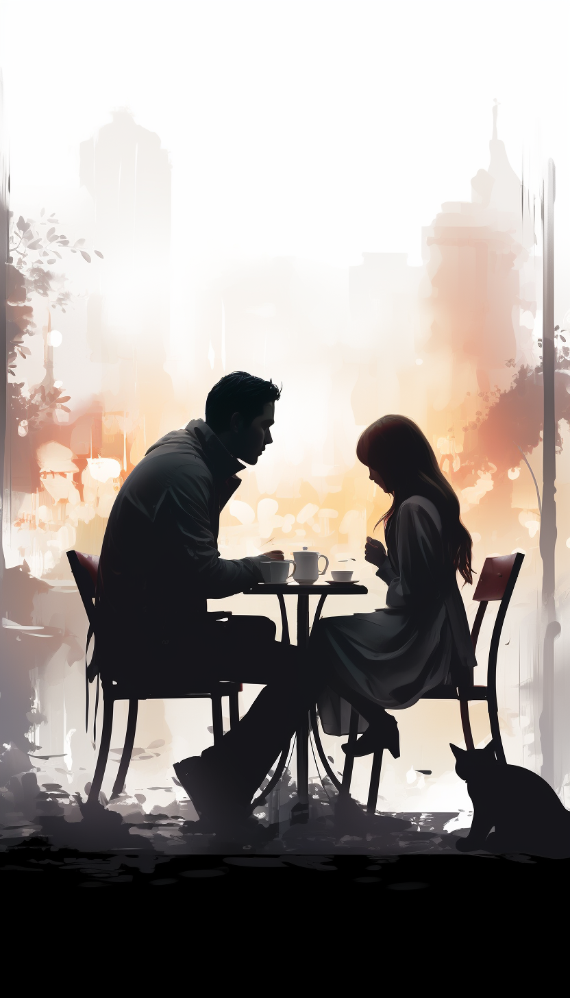 Silhouette of Indonesian man and doctor with hijab girl having breakfast in a cafe