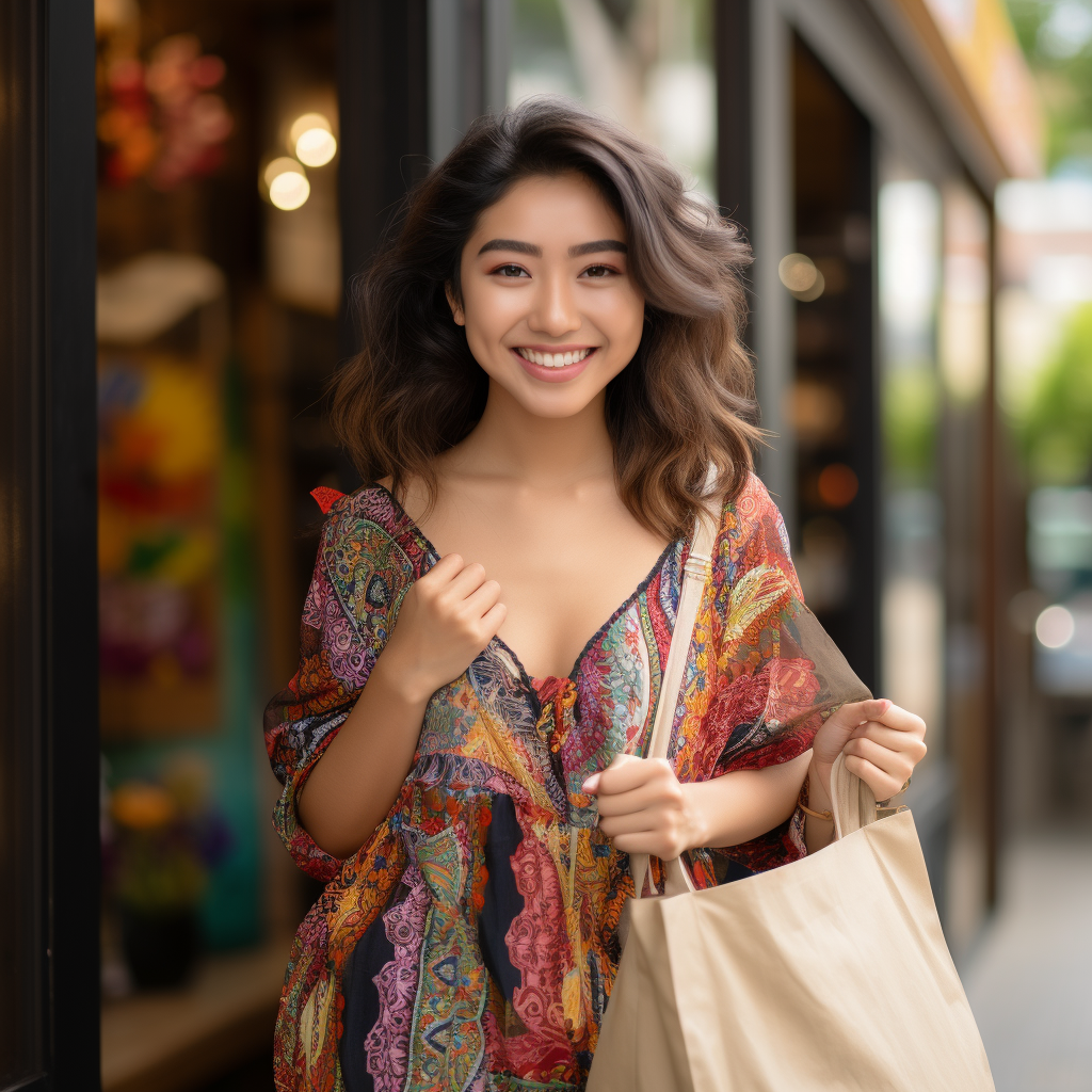 Indonesian woman in elegant fashion with shopping bag