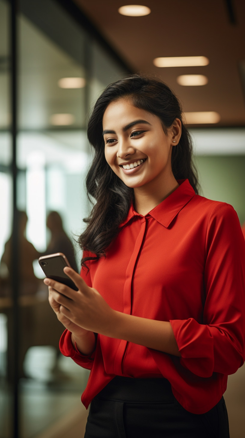 Indonesian woman smiling at smartphone in office  ?