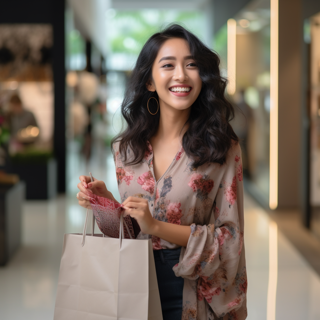 Smiling Indonesian Woman with Shopping Bag