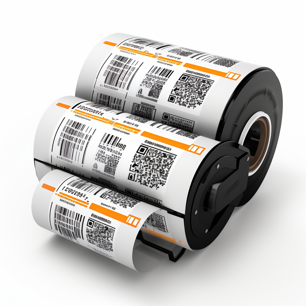 Realistic industrial barcode label printer on white background