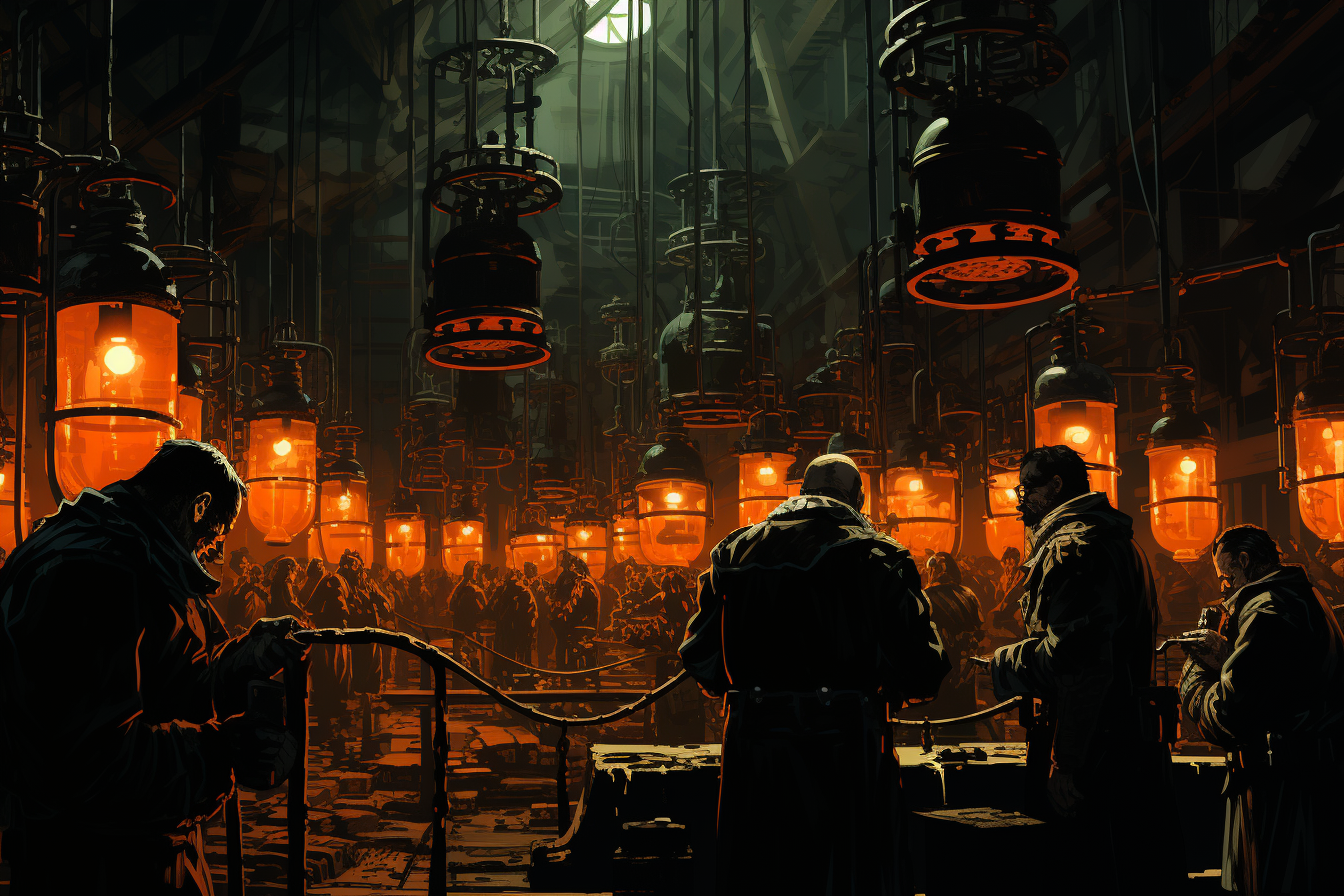 Workers with welders in futuristic industrial factory