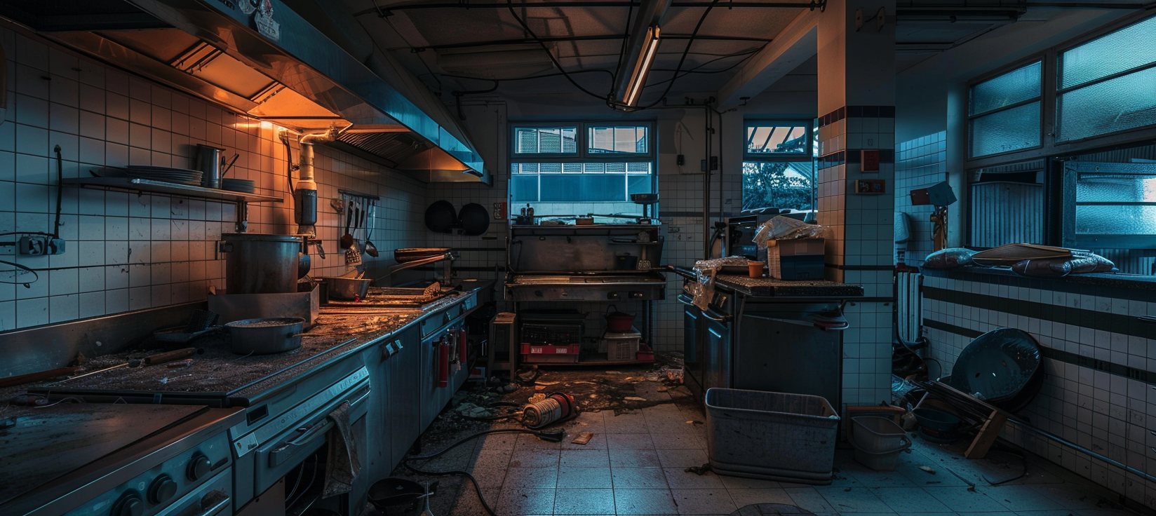 Cleaned industrial kitchen with staff gone