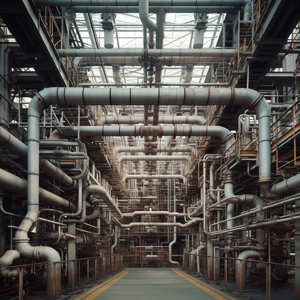 Pipes connecting in an industrial scene