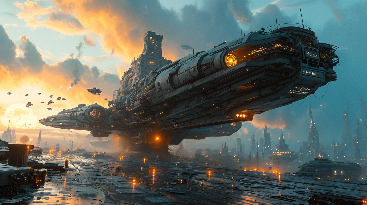 Industrial space station under attack by futuristic fleet