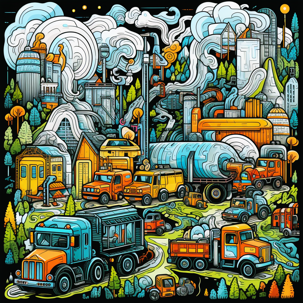 Cheerful Industrial Landscape with Mechanics Repairing Trucks and Machinery