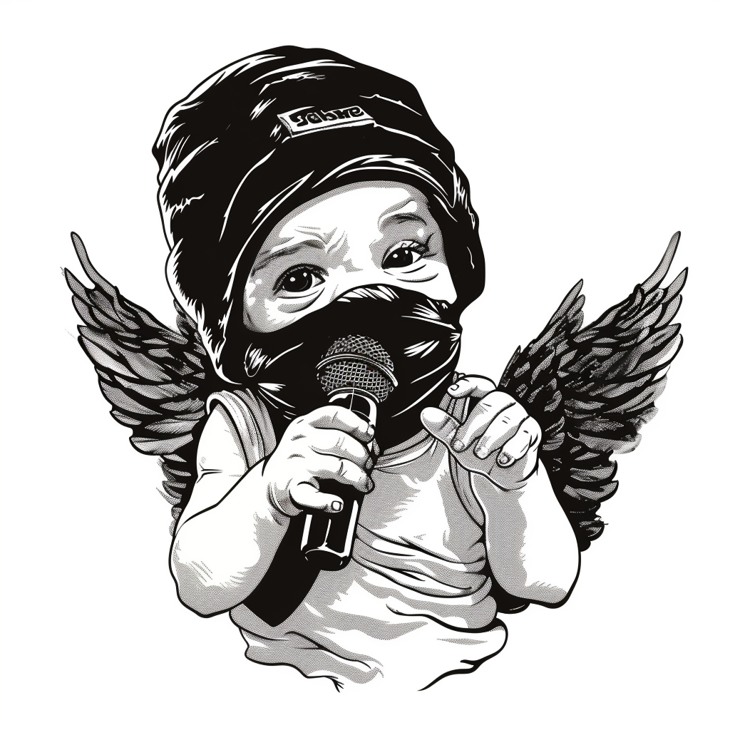 Infant angel with ski mask and microphone