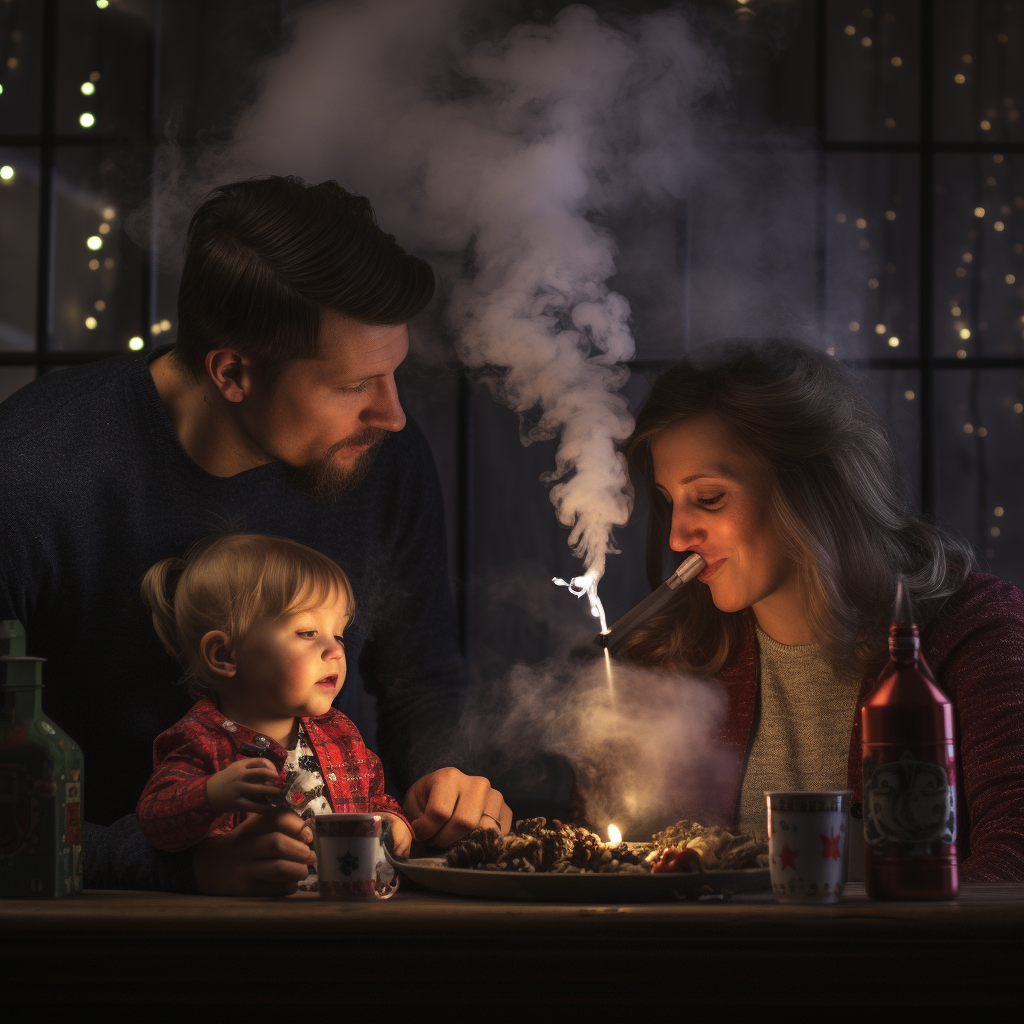 Infant smoking vape during Christmas with family