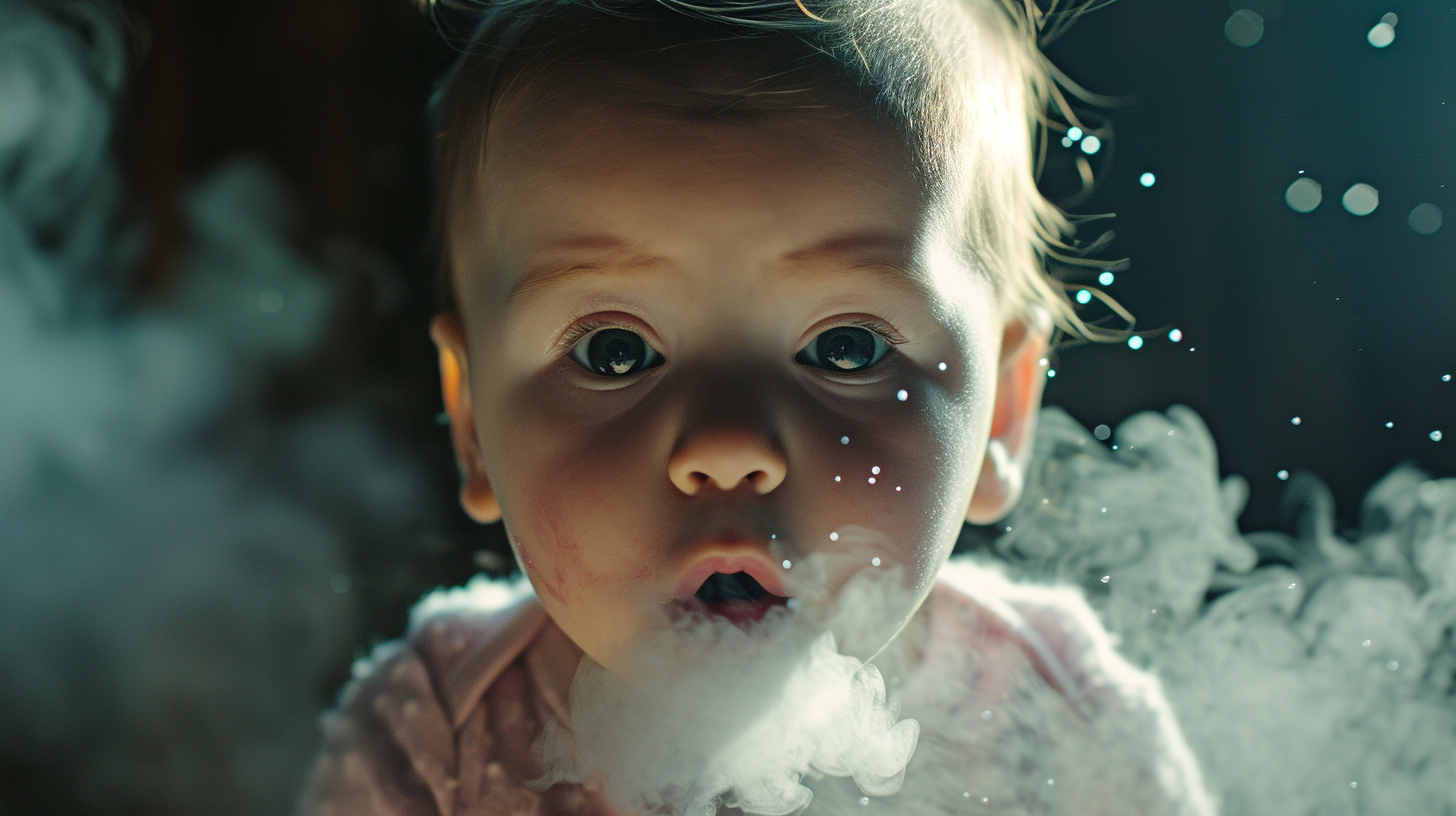 Infant coughing with flying droplets