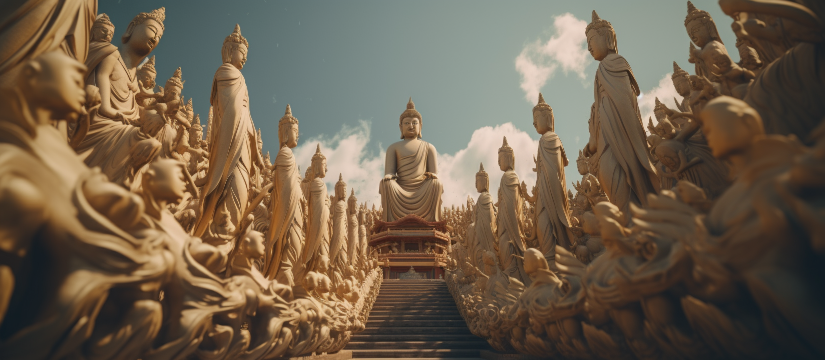 Vividly lined Buddhist gods in infinite heaven