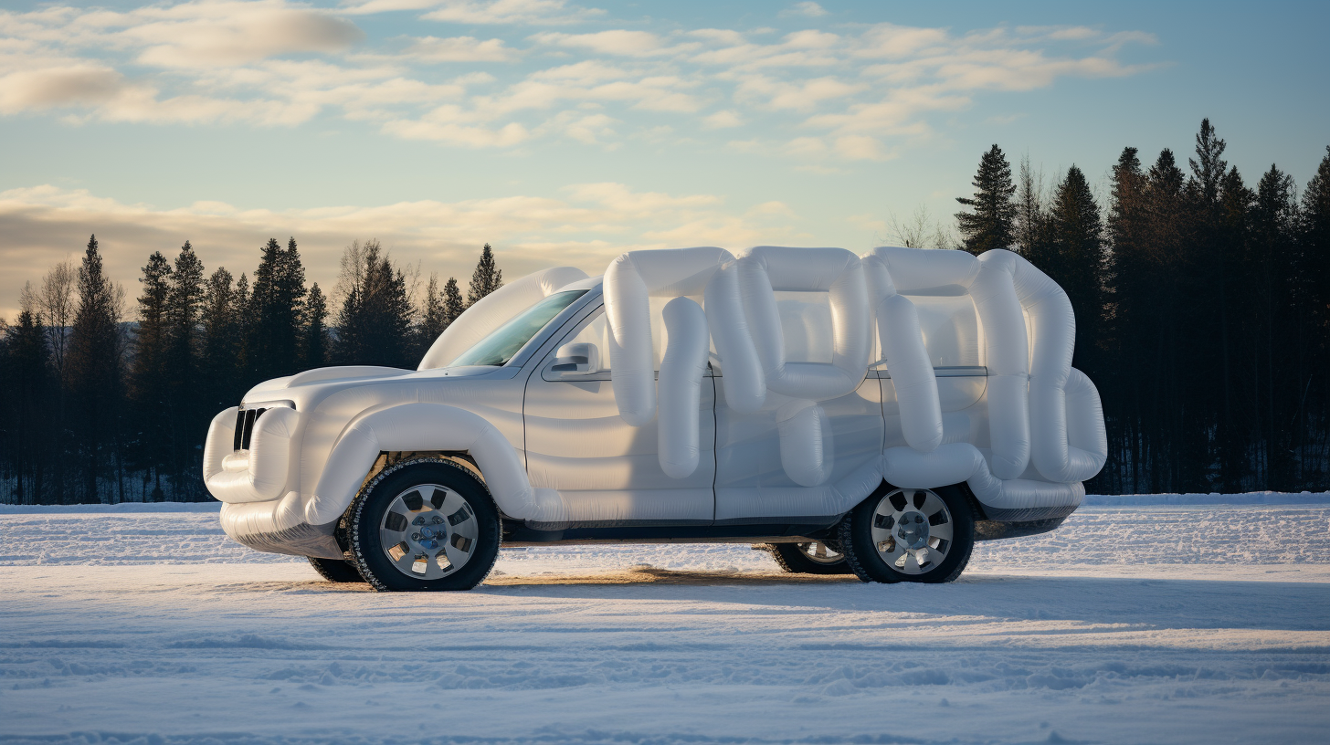 Inflatable SUV shaped balloon in snowy landscape