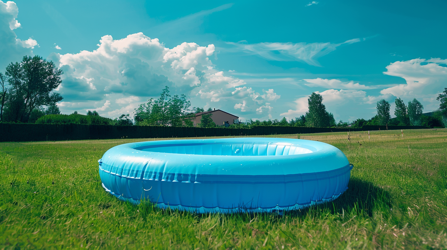 Inflatable pool on lawn under blue sky