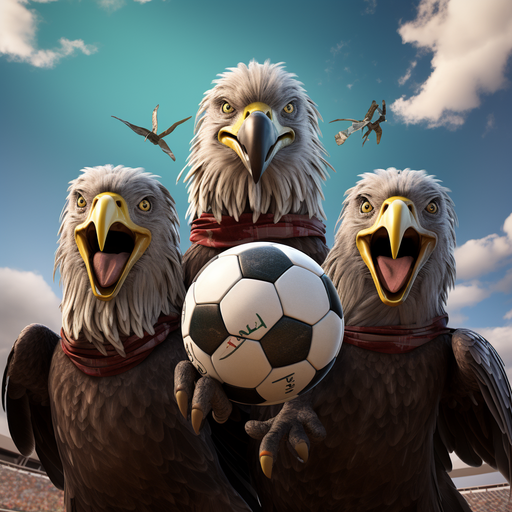 Inflatable eagles playing soccer in the sky