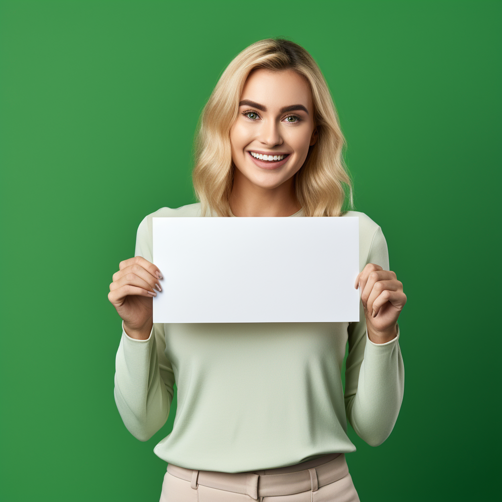 Ingrid holding blank paper with a smile