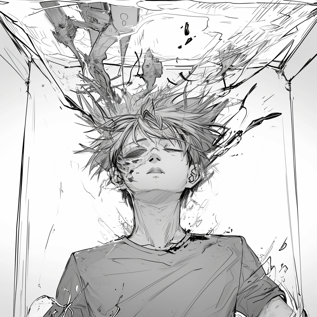 Injured messy hair boy in science tank