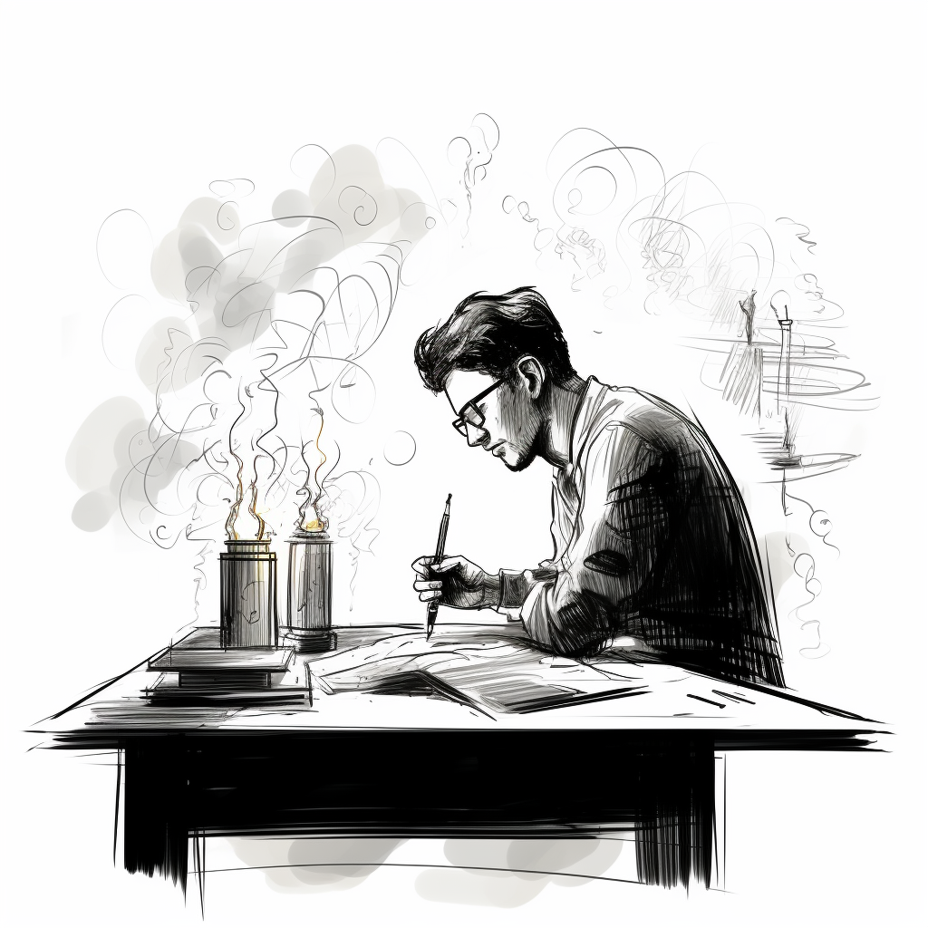 Ink brush doodle of designer creating hypothesis