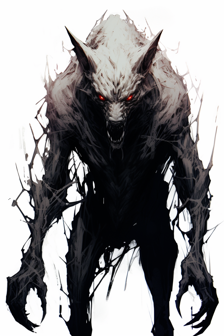 Ink drawing of humanoid wolf figure